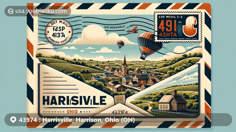 Modern illustration of Harrisville, Harrison County, Ohio, showcasing postal theme with ZIP code 43974, featuring historic founding in 1814, Civil War significance, rural setting, and postal elements.