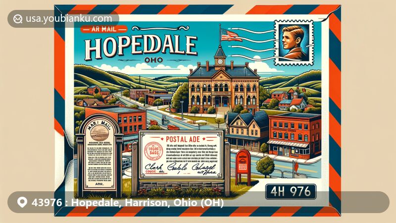 Modern illustration of Hopedale, Harrison County, Ohio, capturing the charm of the area with a vintage air mail envelope frame, featuring landmarks like Clark Gable historical marker, Ohio hills, and traditional buildings.