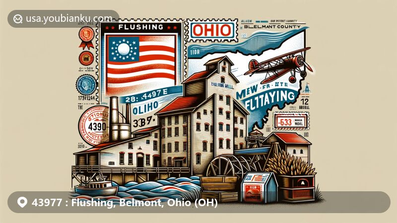 Modern illustration of Flushing, Belmont County, Ohio, highlighting historic Stratton Flour Mill and state symbols, with postal theme featuring ZIP code 43977 and local landmarks.