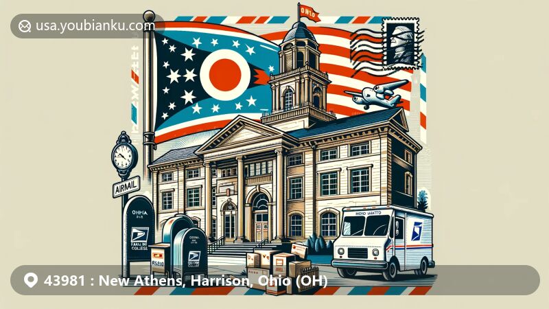 Modern illustration of Franklin College building in New Athens, Ohio, on an airmail envelope with postal elements like a stamp and postmark, featuring Ohio state flag in the background.