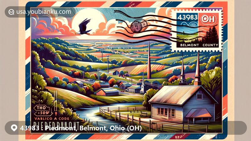 Modern illustration of Piedmont, Belmont County, Ohio, featuring charming small-town scenery, picturesque trails, and parks reflecting the area's rich outdoor activities, creatively merging natural beauty with postal heritage.