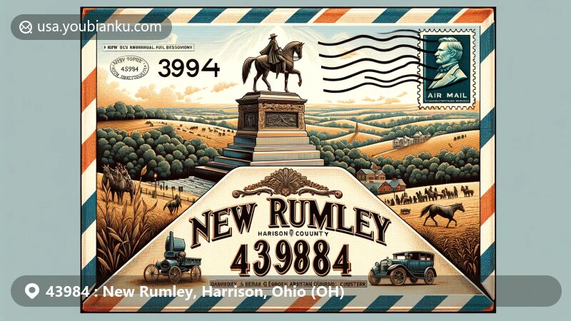 Modern illustration of New Rumley, Ohio, blending regional features with postal elements, showcasing Custer Monument and Ohio landscape.