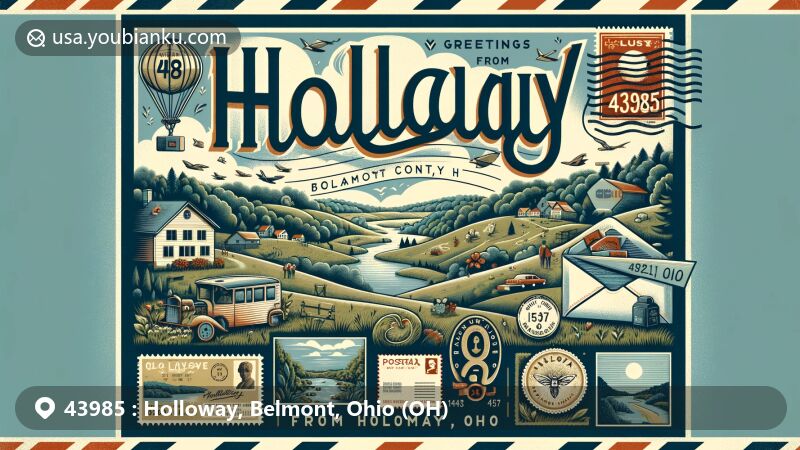 Modern illustration of Holloway, Belmont County, Ohio, showcasing postal theme with ZIP code 43985, featuring local landscapes and community spirit.