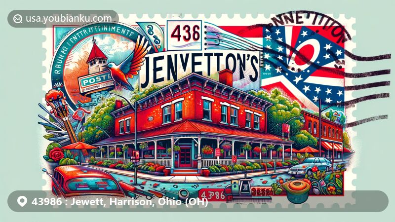Modern illustration of Jewett, Harrison County, Ohio, showcasing Pennington's restaurant and entertainment venue, postal theme with ZIP code 43986, Ohio state flag, and community spirit.