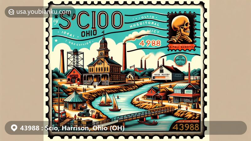 Modern illustration of Scio, Ohio, capturing the charm of ZIP code 43988 with Conotton Trail, Scio Historical Museum, vintage postage stamp border, and local landmarks.