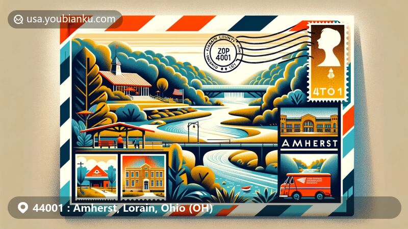 Modern illustration of Amherst, Lorain County, Ohio, highlighting ZIP code 44001, featuring Beaver Creek Reservation, a scenic pedestrian bridge, and postal themes, blending natural beauty with cultural heritage.