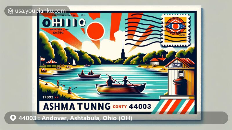 Modern illustration of Andover, Ashtabula County, Ohio, featuring Pymatuning State Park with visitors boating on the lake. Includes the county silhouette, Ohio flag, postal elements, and ZIP code 44003.