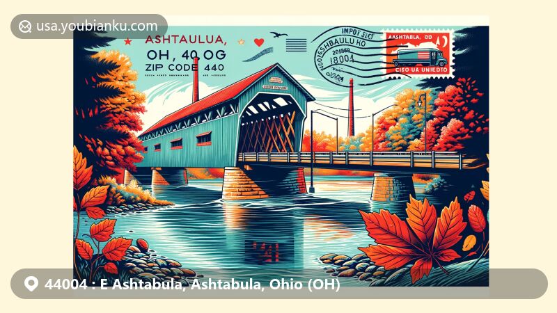 Modern illustration of Ashtabula, Ohio, showcasing iconic Smolen-Gulf Bridge, the longest covered bridge in Ohio and the United States, set against vibrant autumn foliage with symbols of historical significance.