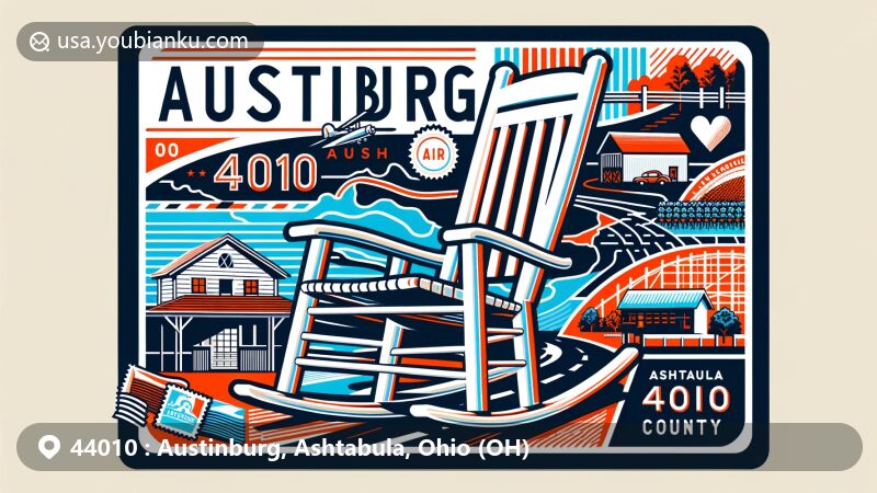 Modern illustration of Austinburg, Ashtabula County, Ohio, resembling a postcard or air mail envelope, featuring a white rocking chair, Ashtabula County outline, local attractions, and postal symbols like a postage stamp and postmark.