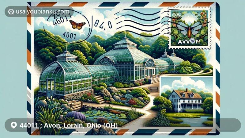 Modern digital illustration of Avon, Lorain County, Ohio, featuring Miller Nature Preserve with conservatory, Wilbur Cahoon House, and postal theme centered around ZIP code 44011.
