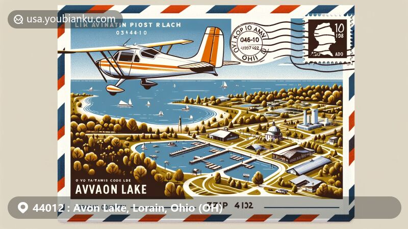 Modern illustration of Avon Lake, Lorain County, Ohio, featuring postal theme with ZIP code 44012, showcasing Lake Erie shoreline, Kopf Family Reservation, history, green spaces, and community symbols.