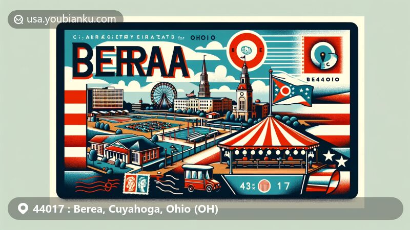 Modern illustration of Berea, Cuyahoga County, Ohio, representing ZIP code 44017 with landmarks like Berea Triangle and Cuyahoga County Fairgrounds, featuring Ohio state flag and postal elements.