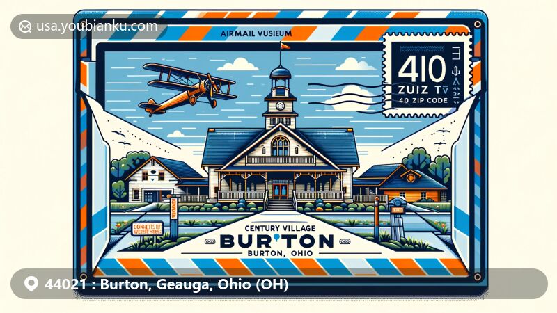 Creative depiction of Century Village Museum in Burton, Ohio, with airmail envelope design and '44021' ZIP Code, featuring Connecticut Western Reserve background.