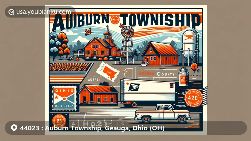 Modern illustration of Auburn Township, Geauga County, Ohio, highlighting the historic Messenger Century Farm known for maple syrup and blueberry fields, featuring Geauga County geography. Design mimics a postcard or airmail envelope, incorporating stamps, a postmark with ZIP code 44023, and illustrations of postal truck or mailbox, with Ohio flag colors. Clearly displays 'Auburn Township', 'Geauga County', 'Ohio', and ZIP code 44023, showcasing the charm and natural beauty of the region.