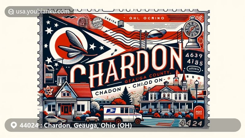 Modern illustration of Chardon, Geauga County, Ohio, featuring postal theme with ZIP code 44024, showcasing Ohio state flag and local landmarks.