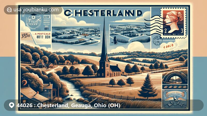Creative depiction of Chesterland, Geauga County, Ohio, featuring The Rookery park, historic landmarks, rolling hills, and postal elements with ZIP code 44026 in a postcard style.
