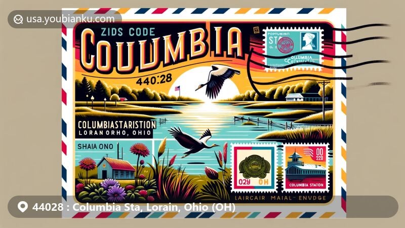 Modern illustration of Columbia Station, Lorain, Ohio, highlighting postal theme with ZIP code 44028, featuring Columbia Reservation wetland, state flag, stamps, postmark, and envelope design.