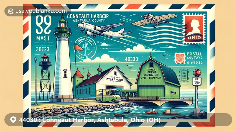 Modern illustration of Conneaut Harbor area, Ashtabula County, Ohio, featuring iconic Conneaut Harbor West Breakwater Lighthouse and Middle Road Covered Bridge, designed as an air mail envelope with postal theme and ZIP Code 44030.