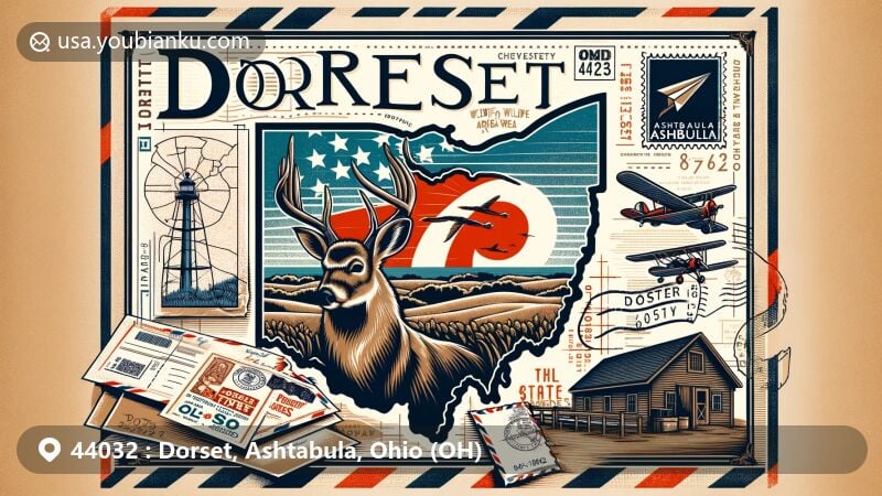 Modern illustration of Dorset, Ashtabula County, Ohio, showcasing natural beauty and wildlife diversity, emphasizing Dorset Wildlife Area with geographical and postal elements, including a vintage postcard format and Ohio state flag stamp.