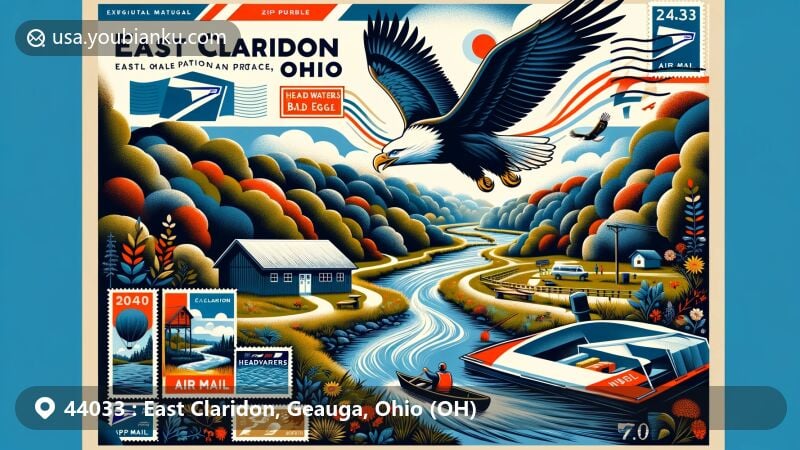 Modern illustration of East Claridon, Ohio, Geauga County, showcasing postal theme with ZIP code 44033 and Headwaters Park's natural beauty, including Bald Eagles and water activities.