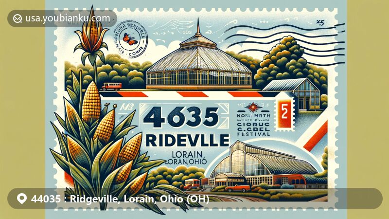 Modern illustration of Ridgeville, Lorain, Ohio, highlighting postal theme with ZIP code 44035, featuring Miller Nature Preserve and North Ridgeville Corn Festival elements.