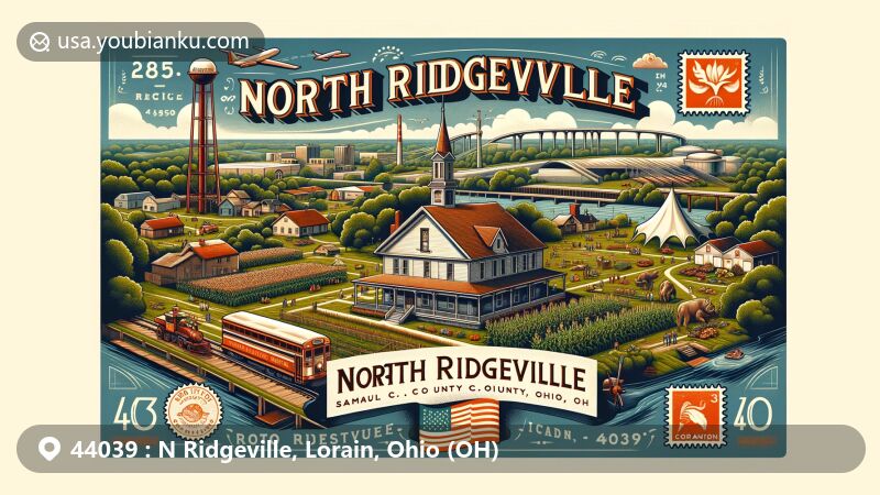 Vintage-style illustration of N Ridgeville, Lorain County, Ohio (OH), portraying historic Samuel C. Cahoon House, North Ridgeville Corn Festival, and Sandy Ridge Reservation, emphasizing city's history, community, and parks.