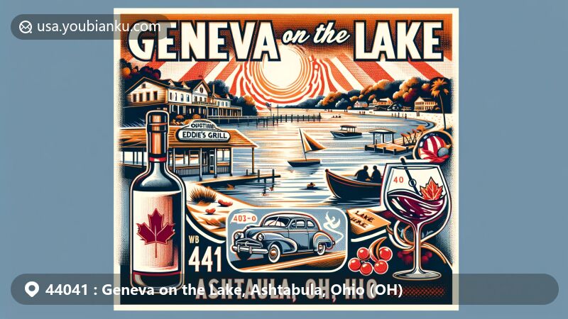 Modern illustration of Geneva on the Lake, Ashtabula, Ohio, showcasing vintage postcard design with Lake Erie shore, Eddie's Grill, 'the Strip,' vineyard/wine glass, Geneva State Park, and ZIP code 44041.