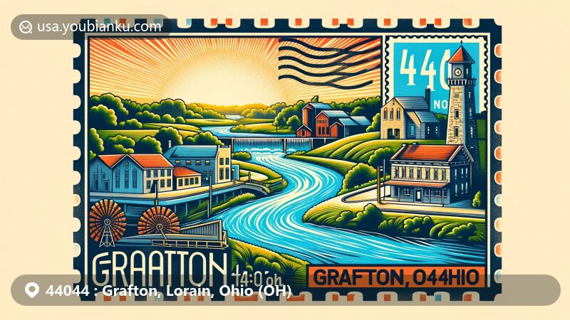 Modern illustration of Grafton, Ohio, emphasizing natural beauty of East Branch of Black River and nod to industrial history, including historic grist mill and Grafton-Midview Public Library.