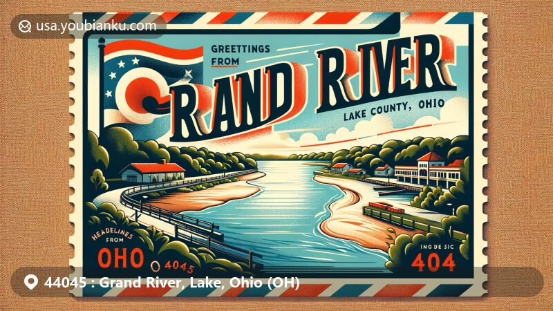 Modern illustration of Grand River village, Lake County, Ohio, capturing local charm with serene river view, Headlands Beach State Park outline, and Ohio state flag.