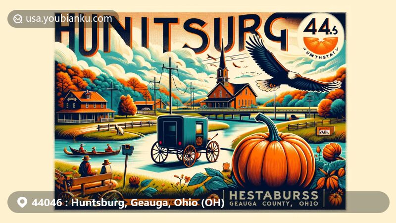 Modern illustration of Huntsburg, Geauga County, Ohio, highlighting Amish culture, the Huntsburg Pumpkin Festival, Headwaters Park with a bald eagle, and East Branch Reservoir.