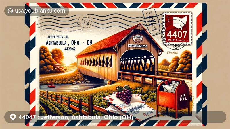 Modern illustration of Jefferson, Ashtabula, Ohio (OH), showcasing Netcher Road Covered Bridge, wine country, airmail theme with '44047' ZIP code, Ohio state flag stamp, red postal mailbox, and golden hour ambiance.