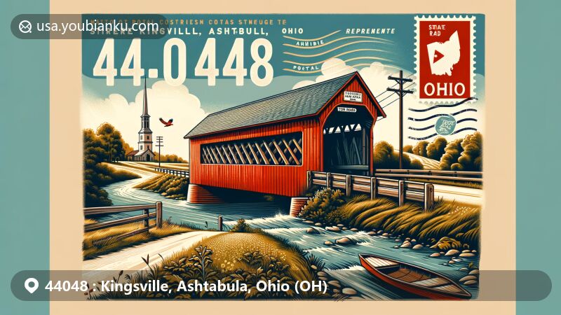 Modern illustration of Kingsville, Ashtabula County, Ohio, featuring the iconic State Road Covered Bridge in a picturesque rural setting with postal theme showcasing ZIP code 44048.