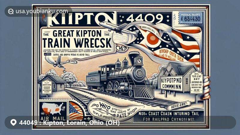 Modern illustration of Kipton, Lorain County, Ohio, showcasing ZIP code 44049, featuring historical marker of 1891 train wreck and North Coast Inland Trail, enclosed in an air mail envelope with Ohio state flag stamps.