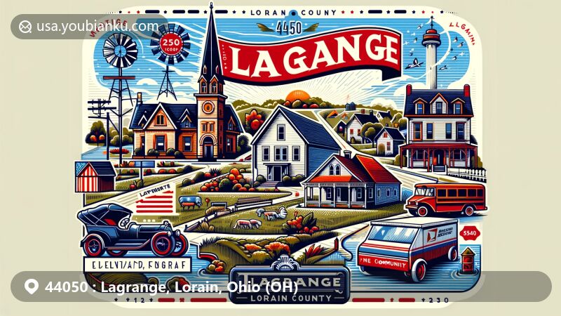 Modern illustration of Lagrange, Lorain County, Ohio, featuring rural charm, historical ties to American Revolutionary War, Keystone Wildcats pride, and recreational opportunities, with stylized postal elements and growth symbolism.