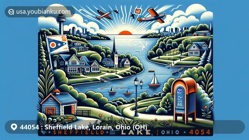 Modern illustration of Sheffield Lake, Ohio, Lorain County, showcasing ZIP code 44054, featuring Lake Erie shoreline, nature trails, community parks, and family-friendly atmosphere.