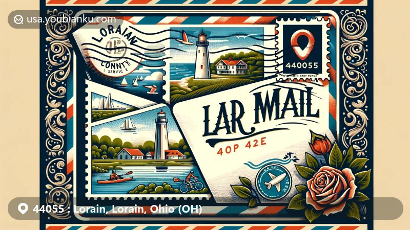 Modern illustration of Lorain, Lorain County, Ohio, highlighting ZIP code 44055, featuring vintage air mail envelope with landmarks like Lake Erie, Lorain Lighthouse, and Lakeview Park's rose garden.