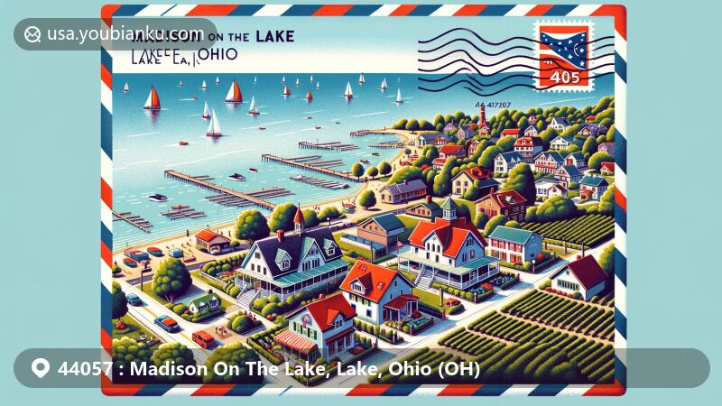 Modern illustration of Madison On The Lake, Lake County, Ohio, representing a lakeside village on Lake Erie with Vincent William Winery, sailboats on the water, and postal elements, all enclosed within a vintage airmail envelope.