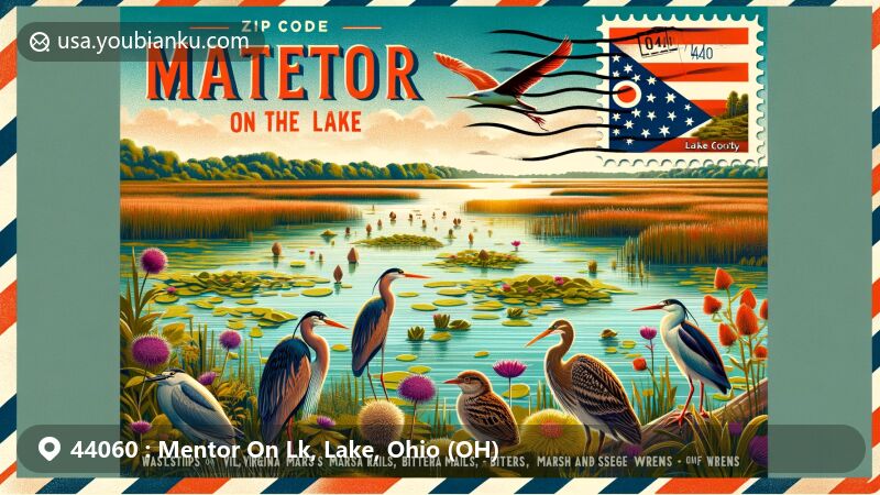 Modern illustration of Mentor On The Lake, Lake County, Ohio, showcasing Mentor Marsh State Nature Preserve, diverse plant and bird species, and elements of a postcard design with Ohio state flag stamp and ZIP code 44060.