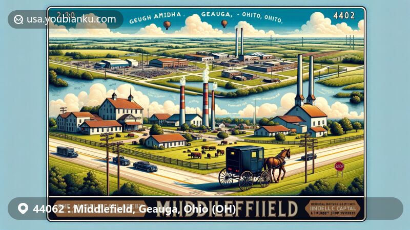 Modern illustration of Middlefield, Geauga County, Ohio, highlighting Amish community, historical landmarks, and industrial significance, set against gentle hills of Ohio countryside under clear blue sky.