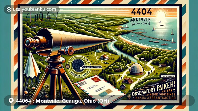 Modern illustration of Montville, Ohio, featuring ZIP code 44064 and Observatory Park, showcasing a creative airmail envelope design symbolizing postal spirit with park imagery like trails, the source of Cuyahoga River, and a telescope or Nassau Astronomical Station, blending seamlessly with lush landscapes and possibly town silhouettes or maps.