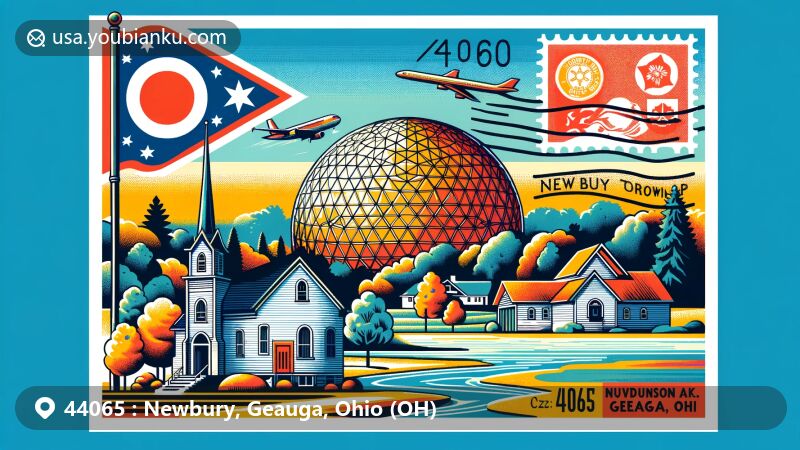 Modern illustration of Newbury, Geauga, Ohio, showcasing township flag, Punderson State Park, South Newbury Union Chapel, ASM Headquarters, and Geodesic Dome, designed as a creative postcard with postal elements and ZIP code 44065.