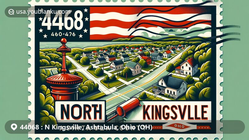 Modern illustration of North Kingsville, Ashtabula County, Ohio, featuring postal theme with ZIP code 44068, showcasing Ohio state flag, Ashtabula County outline, typical North Kingsville residential community or natural landscape, and postal elements like postcard format, postage stamp, postmark.