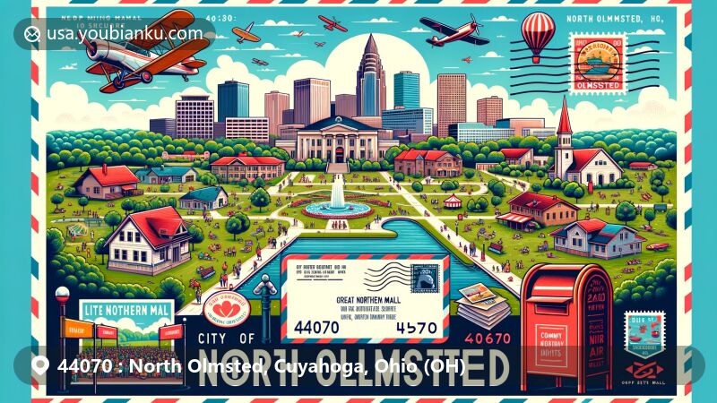 Modern illustration of North Olmsted, Ohio, featuring Great Northern Mall, iconic landmarks like Little Clague Park and Olmsted Historical Society, educational elements, community events, and postal theme with ZIP code 44070.
