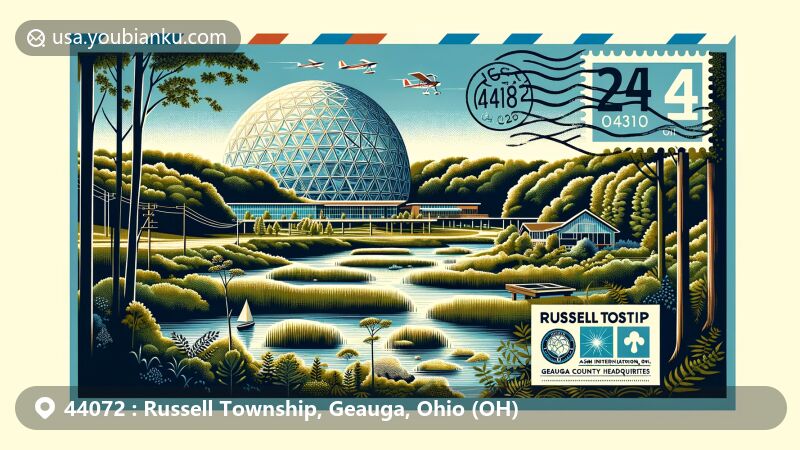 Modern illustration of Russell Township, Geauga, Ohio (OH), highlighting West Woods park, wetlands, and ASM International's geodesic dome, representing natural beauty and innovation, within a creative postal theme with vintage postcard format and outdoor activity symbols.