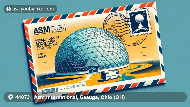 Modern illustration of Geodesic Dome of ASM International in Russell Township, Geauga County, Ohio, showcasing airmail envelope with ZIP code 44073 and artistic postage stamp, surrounded by postmarks and postal truck, symbolizing information delivery and innovation.