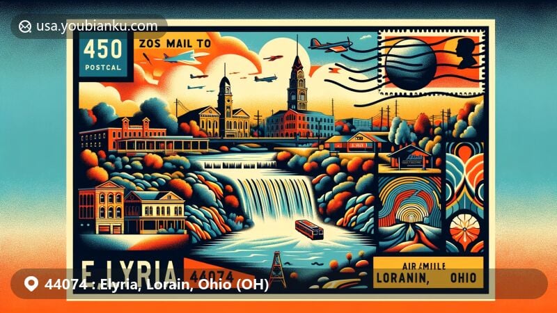 Modern illustration of Elyria, Lorain County, Ohio, featuring ZIP code 44074, showcasing Cascade Park and the Black River, blending historical charm with natural beauty.