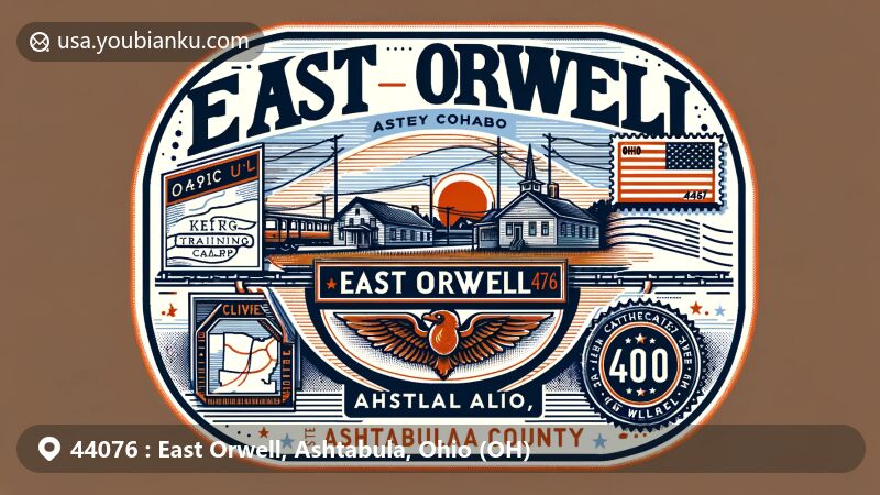 Modern illustration of East Orwell, Ashtabula County, Ohio, showcasing postal theme with ZIP code 44076, featuring King Training Camp and Ohio state symbols.