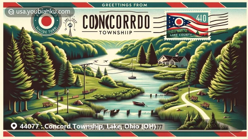Vibrant illustrations of Jordan Creek Park and Concord Woods Nature Park, depicting serene natural landscapes and abundant wildlife in Concord Township, OH.