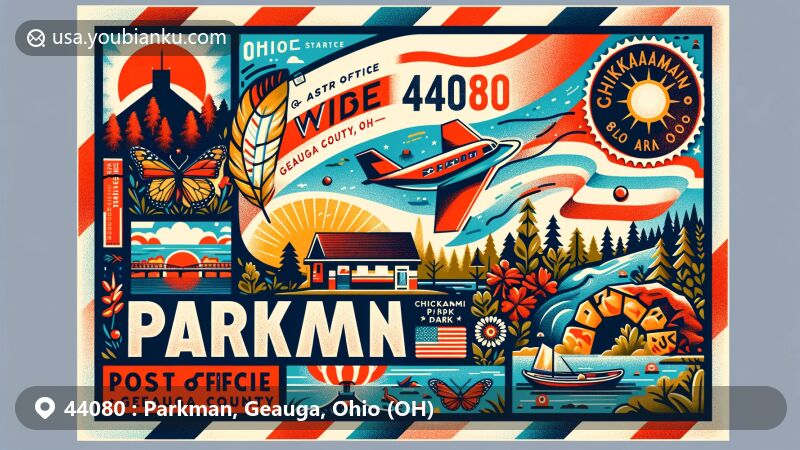 Modern illustration of Parkman, Geauga County, Ohio, featuring Parkman Post Office and Chickagami Park, with airmail envelope showcasing ZIP code 44080 and Ohio state symbols.