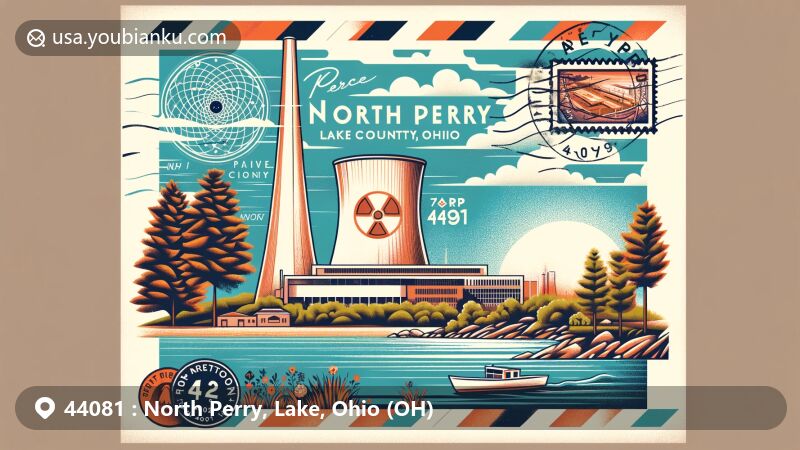 Modern illustration of North Perry, Lake County, Ohio, with ZIP code 44081, showcasing Perry Nuclear Generating Station, Lakeshore Reservation, and postal elements.